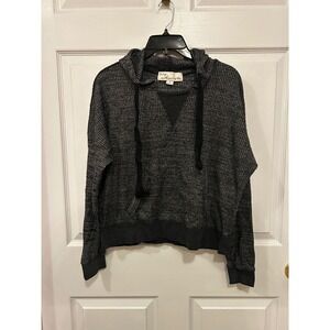Vintage Havana Womens Charcoal Grey Waffle Knit Pullover Hoodie V-Neck Small